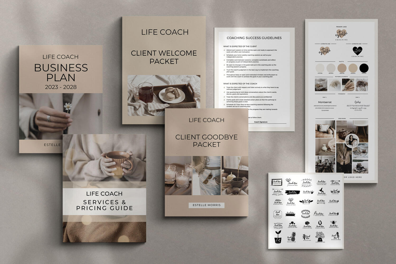 coaching business plan, coaching goodbye packet, coaching services and pricing guide, coaching client welcome packet, coaching logo set, coaching brand board