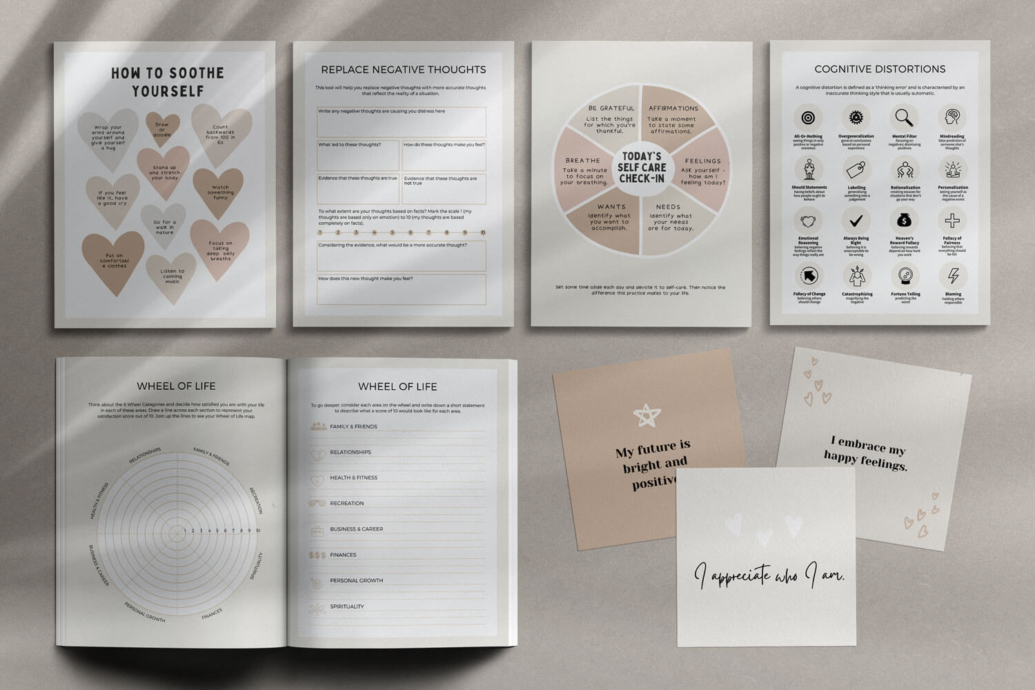 coaching tools, wheel of life worksheet, self care tools, cognitive distortions worksheet, affirmation card templates 